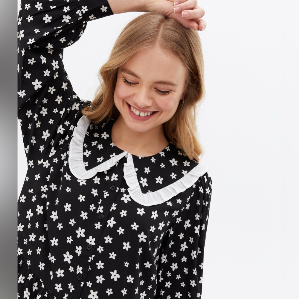 New Look look collar detail midi smock dress in black floral (UK12=US8)